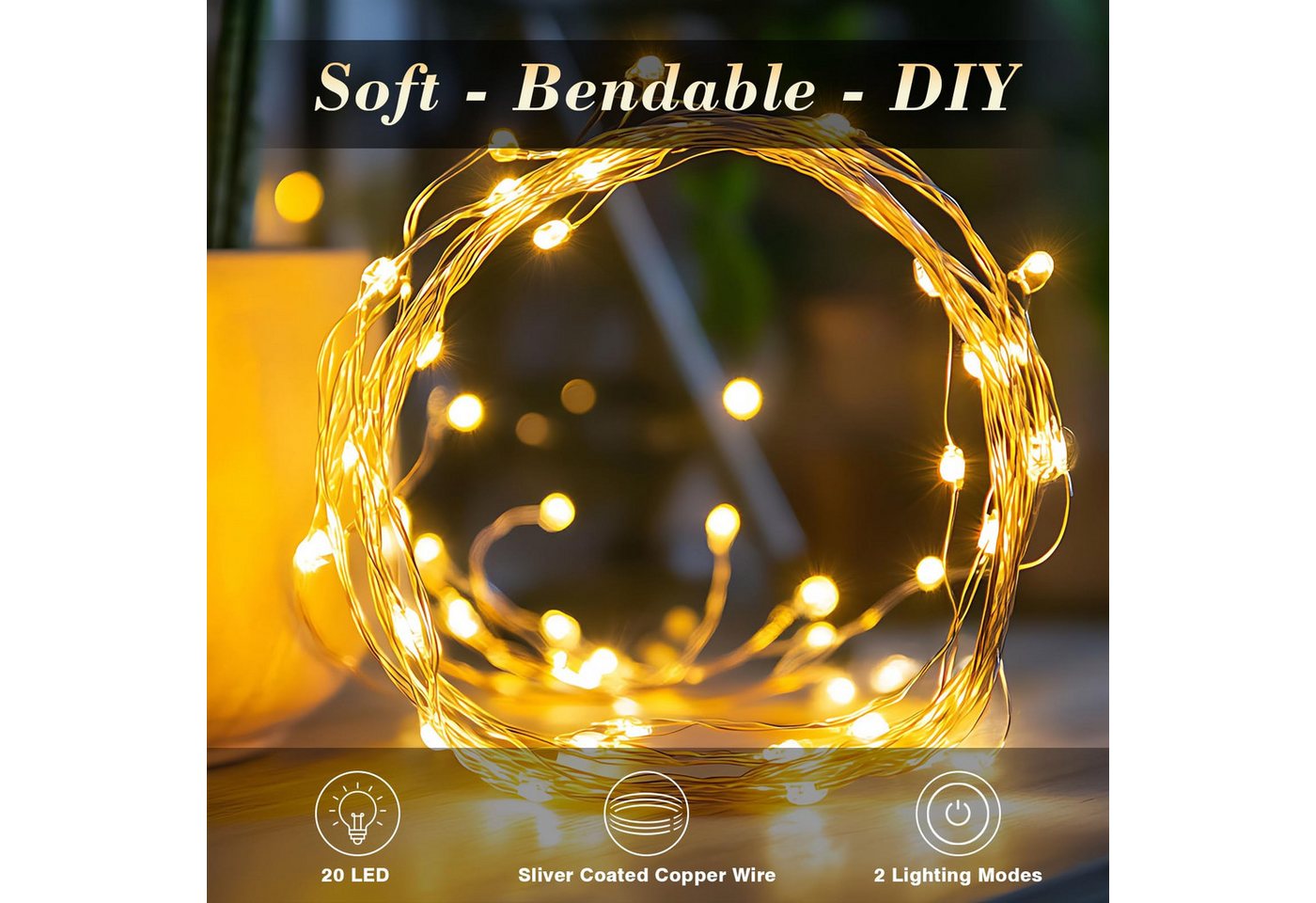 LQWELL LED-Lichterkette 2/3/5/10M, Micro Lichterketten Batteriebetrieben,Kupferdraht, AA-Batterie, Warmweiß, 2 Modi für Weihnachten Hochzeit Party Wohndeko – Bild 2 von 5