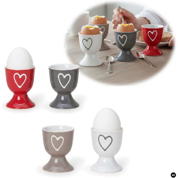 LS-LebenStil Eierbecher 4 Keramik Eibecher Set Herz Grau Weiß Rot Braun Gute Laune Eierhalter, (Exklusive edle Eihalter, perfekte Deko am Frühstückstisch, 4-tlg