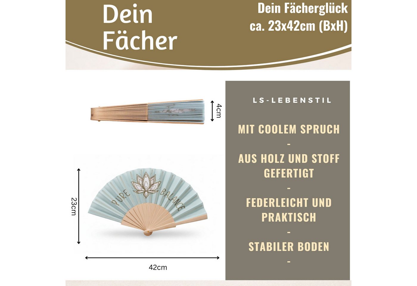 LS-LebenStil Handfächer Holz Stoff Fächer "PURE BALANCE" Bali Blau Grau faltbar Faltfächer, (hochwertig aus Holz mit Stoff und coolem lustigem Spruch, 1-tlg., S – Bild 2 von 5
