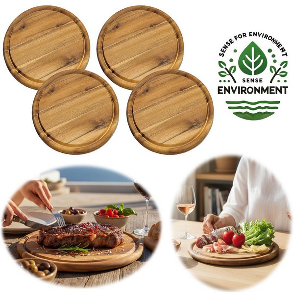 LS-LebenStil Servierbrett 4x Holz Fleischteller Servierteller 25cm Akazie Rund Schneidebrett, Holz, (Set - 4 Stück - Schneidebrett mit Saftrille Vesperbrett Bro