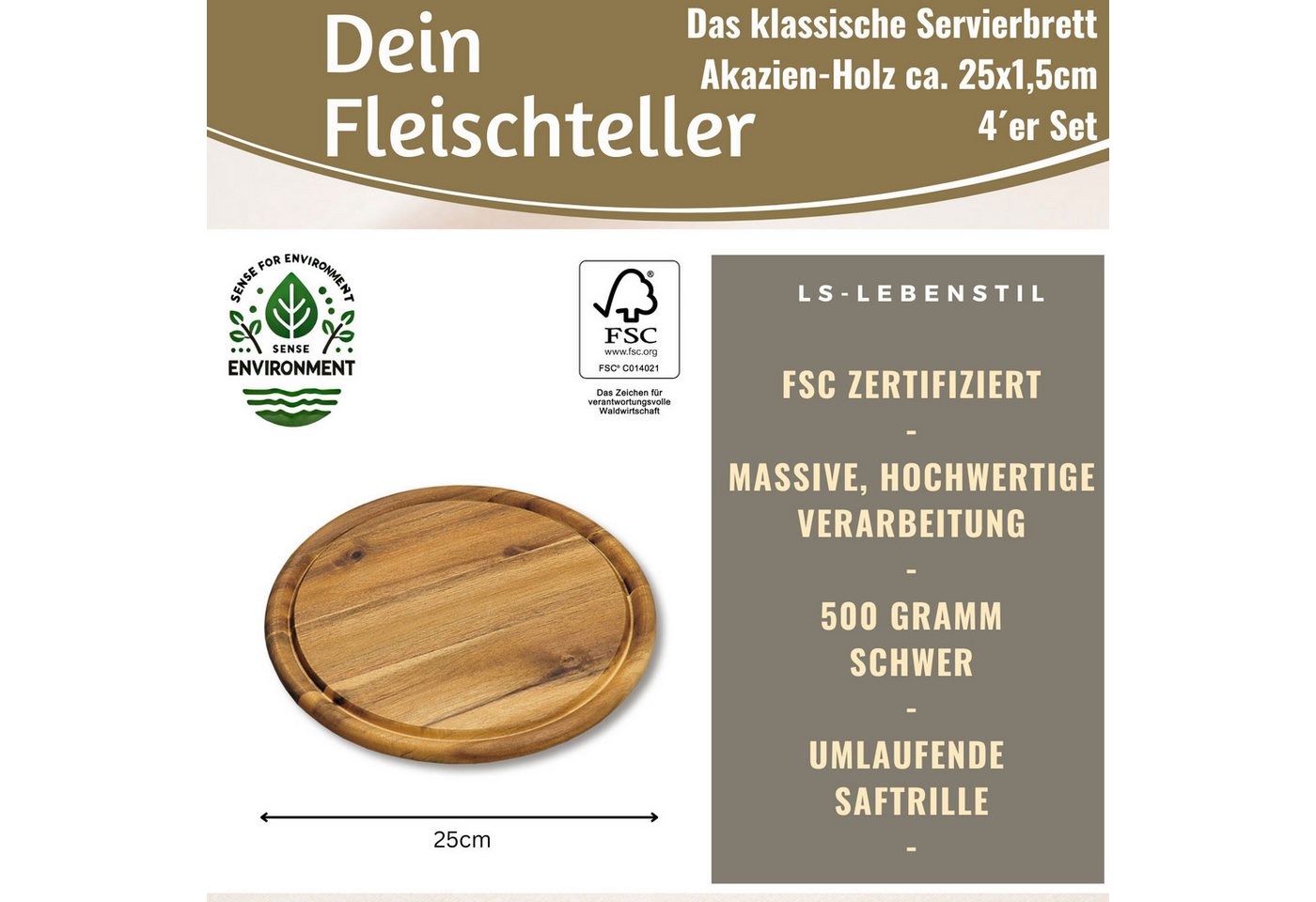 LS-LebenStil Servierbrett 4x Holz Fleischteller Servierteller 25cm Akazie Rund Schneidebrett, Holz, (Set - 4 Stück - Schneidebrett mit Saftrille Vesperbrett Bro – Bild 2 von 5