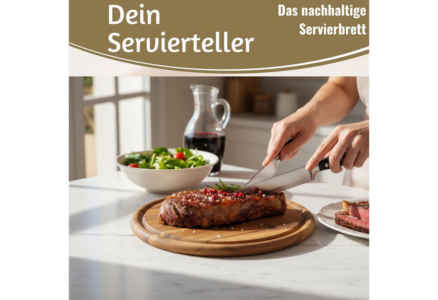 LS-LebenStil Servierbrett 4x Holz Fleischteller Servierteller 25cm Akazie Rund Schneidebrett, Holz, (Set - 4 Stück - Schneidebrett mit Saftrille Vesperbrett Bro – Bild 3 von 5