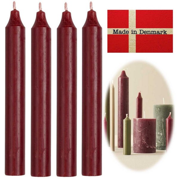 LS-LebenStil Tafelkerze Exklusive Stabkerzen Ribe Rustik 4´er Set Bordeauxrot 18x2,2cm (Made in Denmark - iB Laursen Denmark - Unparfümiert Spitzkerzen Tafelker