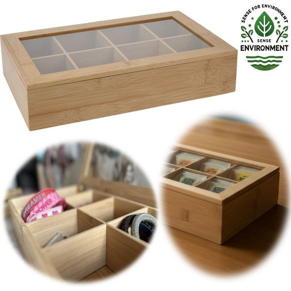 LS-LebenStil Teebox Holz Aufbewahrungsbox Teebox 8 Fächer mit Deckel Teekiste Schmuckkiste, Bambus, (Nachhaltiger Organizer - durchsichtiger Glasdeckel, 1-tlg.,