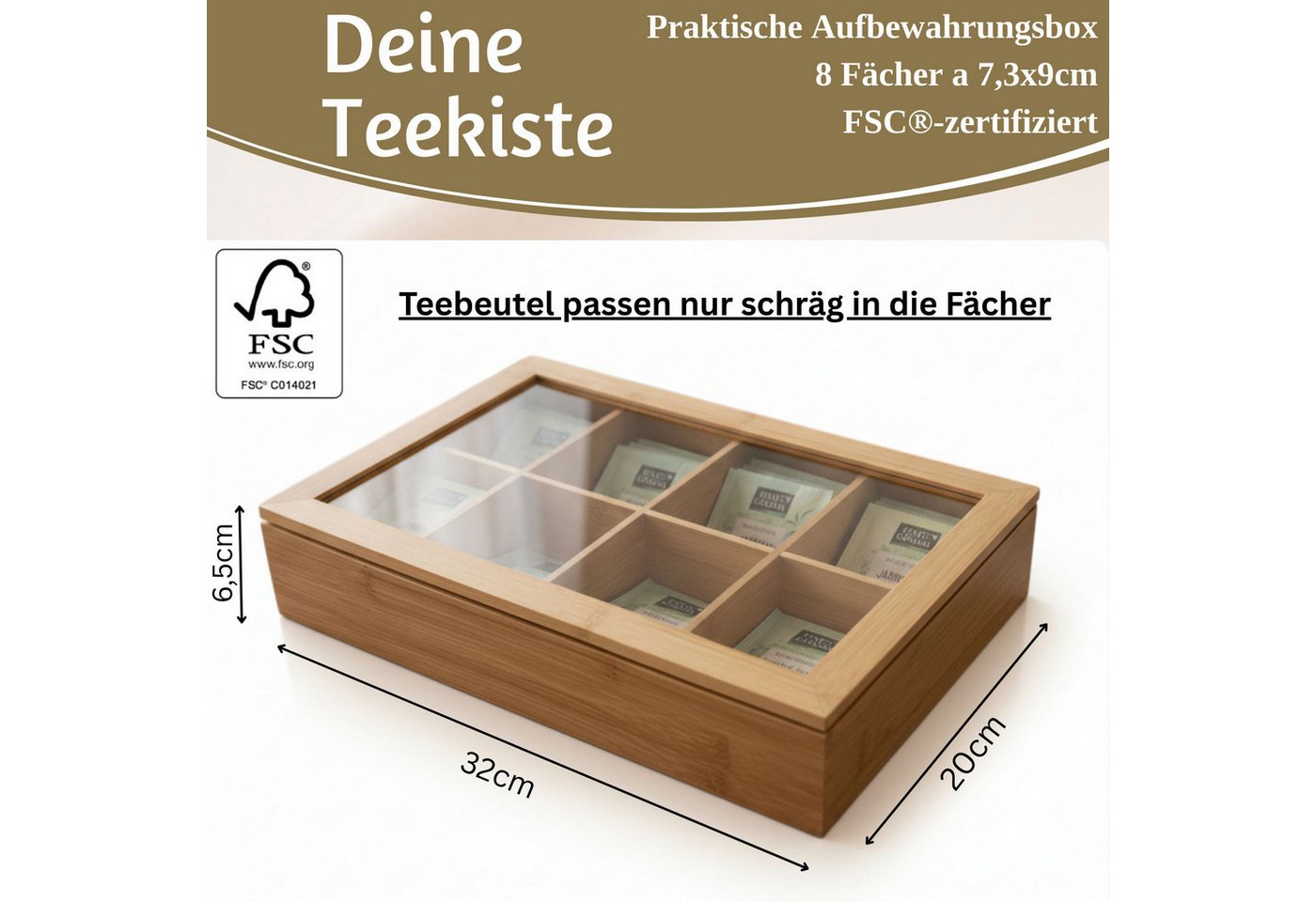LS-LebenStil Teebox Holz Aufbewahrungsbox Teebox 8 Fächer mit Deckel Teekiste Schmuckkiste, Bambus, (Nachhaltiger Organizer - durchsichtiger Glasdeckel, 1-tlg., – Bild 2 von 5