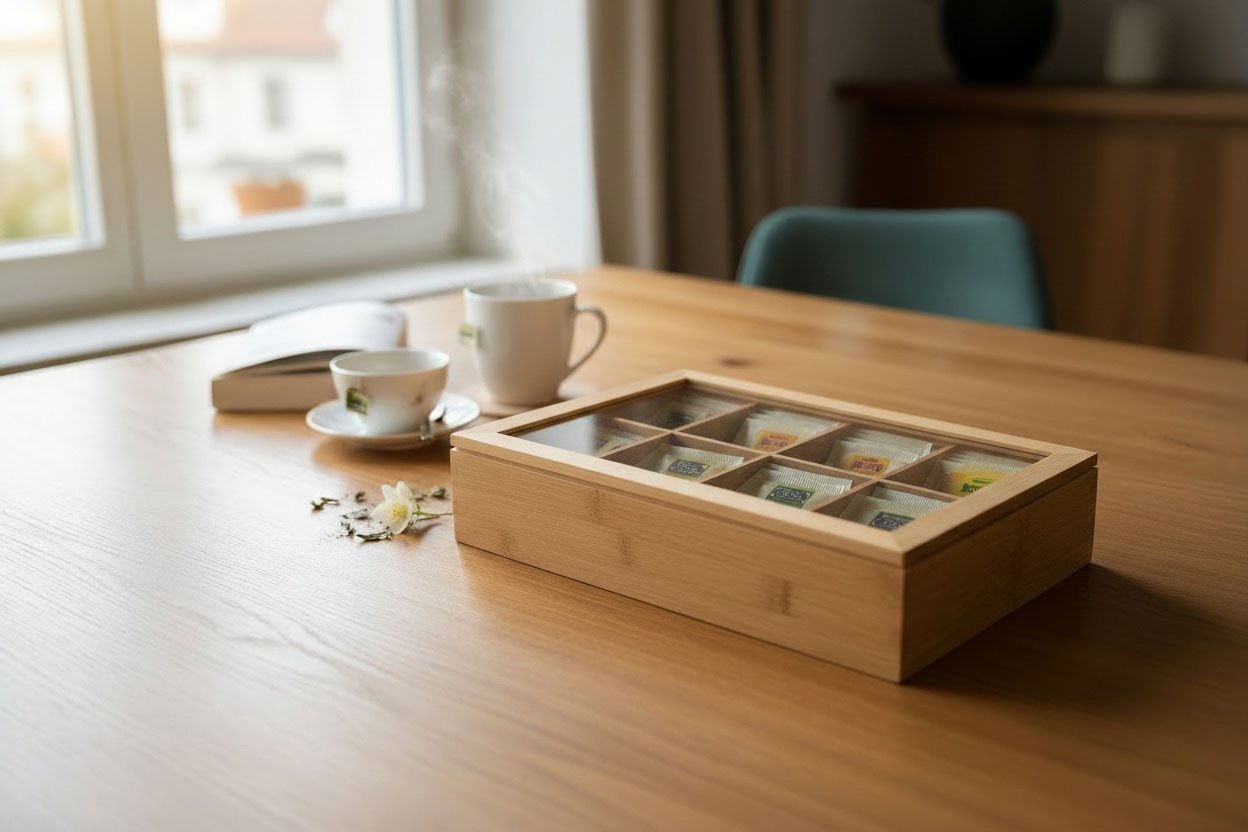 LS-LebenStil Teebox Holz Aufbewahrungsbox Teebox 8 Fächer mit Deckel Teekiste Schmuckkiste, Bambus, (Nachhaltiger Organizer - durchsichtiger Glasdeckel, 1-tlg., – Bild 3 von 5