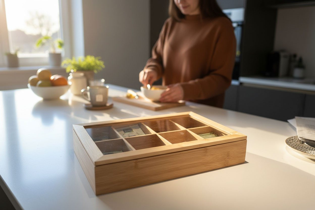 LS-LebenStil Teebox Holz Aufbewahrungsbox Teebox 8 Fächer mit Deckel Teekiste Schmuckkiste, Bambus, (Nachhaltiger Organizer - durchsichtiger Glasdeckel, 1-tlg., – Bild 5 von 5