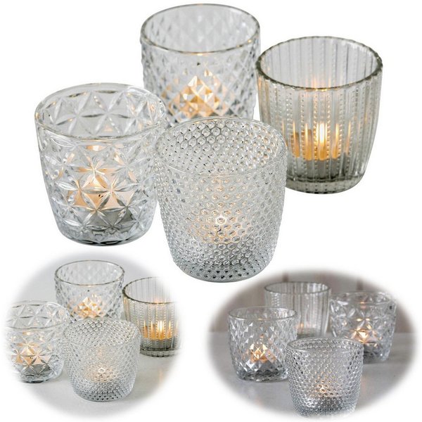 LS-LebenStil Teelichthalter 4´er Set Teelichtgläser Retro Weiß Klar 7cm Glas Windlicht (4´er Set Kristall Ornament Windlicht für Teelichter, 4 St., Halter Kerze