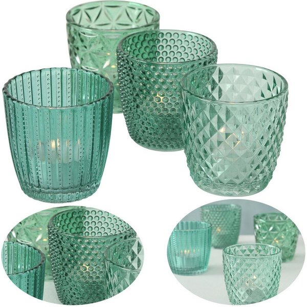LS-LebenStil Teelichthalter 4´er Set Teelichtgläser Retro Petrol 7cm Glas Windlicht (4´er Set Kristall Ornament Windlicht für Teelichter, 4 St., Halter Kerzenst