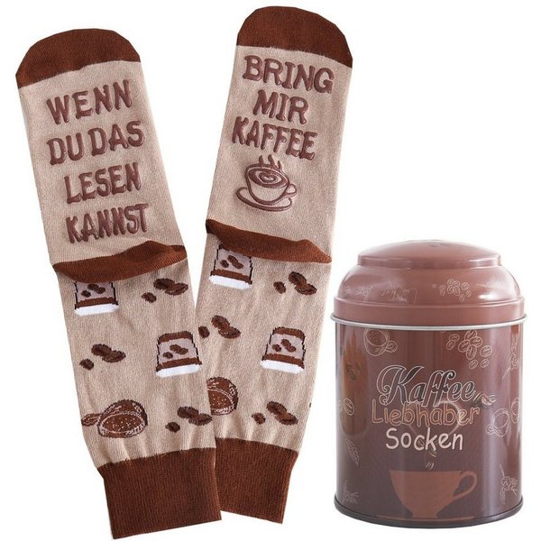 Lucadeau Freizeitsocken Kaffee Schoki Tee Socken in Dose mit Spruch, wenn du das lesen kannst (Dose, 1 Paar) rutschfest, Gr. 37-43, Geschenke für Frauen, Geburt