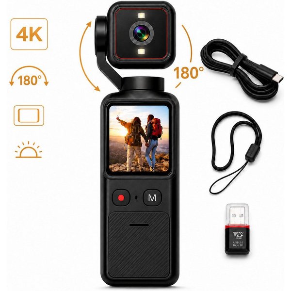Luckice 4K Action Cam mit 180°-Objektiv, Touchscreen und WLAN Panoramakamera (integriertes Gimbal-Objektiv, kein weiteres Objektiv, 12 MP, 1x opt. Zoom, WLAN IE