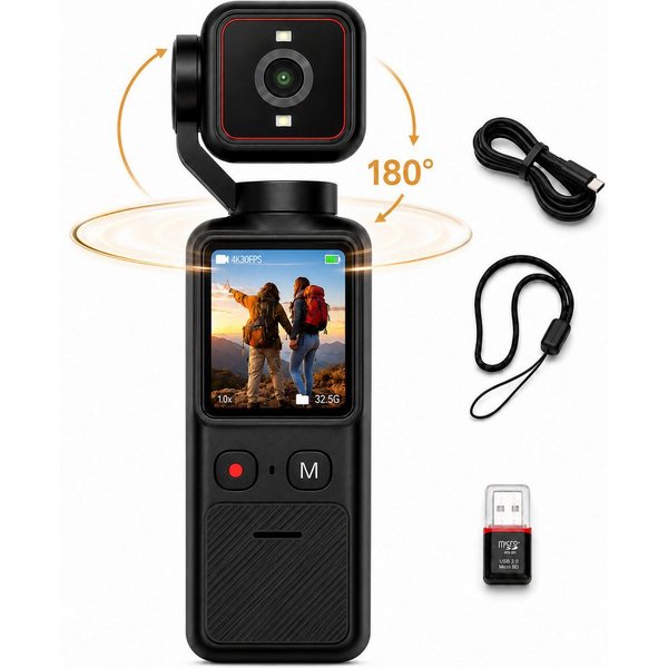 Luckice 4K Action Kamera mit 180° Weitwinkelobjektiv, Touchscreen Panoramakamera (integriertes Gimbal-Objektiv, kein weiteres Objektiv, 12 MP, 1x opt. Zoom, WLA