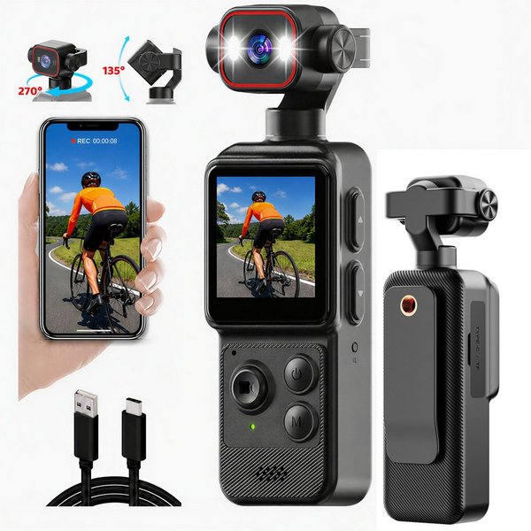 Luckice 4K Mini-Actionkamera mit Clip,1,54 Zoll Display, 140° Weitwinkel Action Cam (4K, 7x opt. Zoom, App-Steuerung, LED-Leuchten, 1200mAh, für Vlog & Reisen)