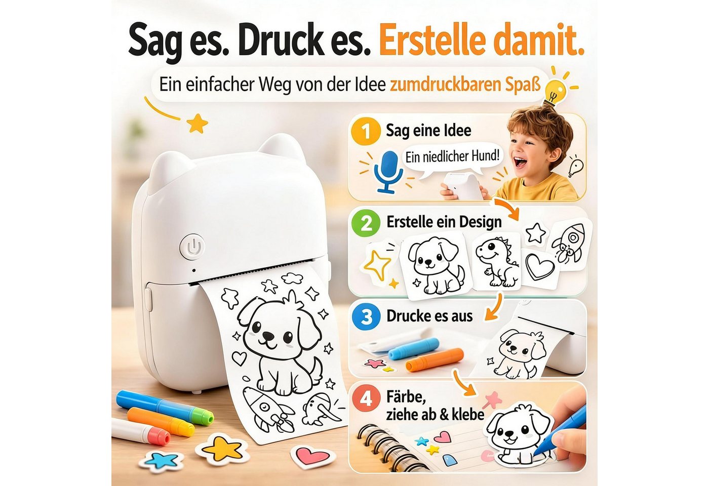 Luckice AI Sprachgesteuerter Mini Thermodrucker für Kinder Mini-Drucker, (Tragbarer Tintenloser Stickerdrucker mit Foto- & Bildgenerierung, Lernfunktion für Not – Bild 3 von 5