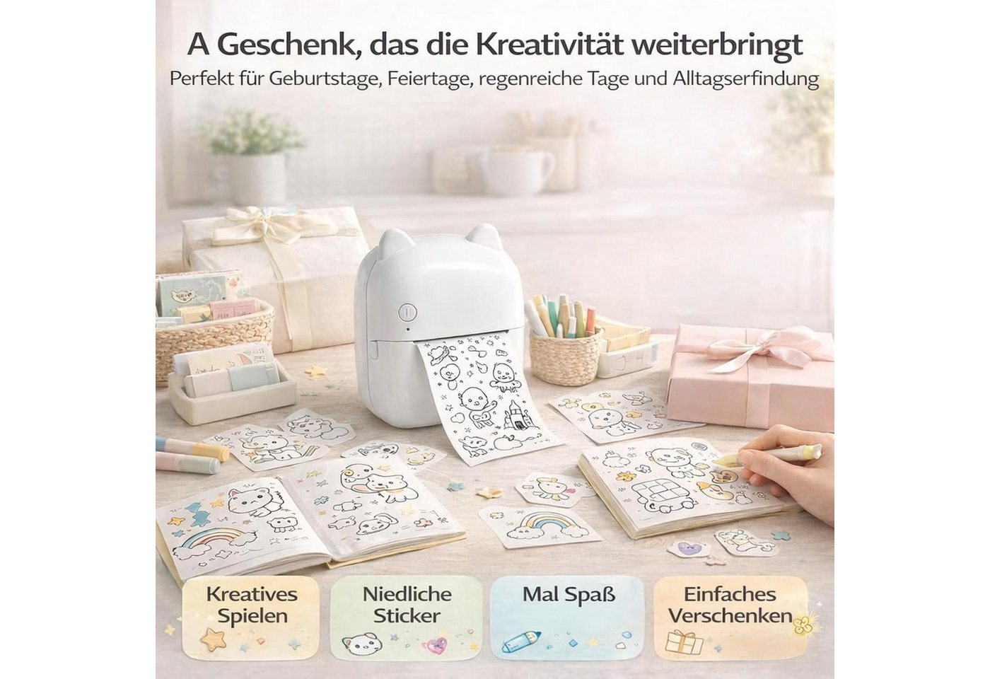 Luckice AI Sprachgesteuerter Mini Thermodrucker für Kinder Mini-Drucker, (Tragbarer Tintenloser Stickerdrucker mit Foto- & Bildgenerierung, Lernfunktion für Not – Bild 5 von 5