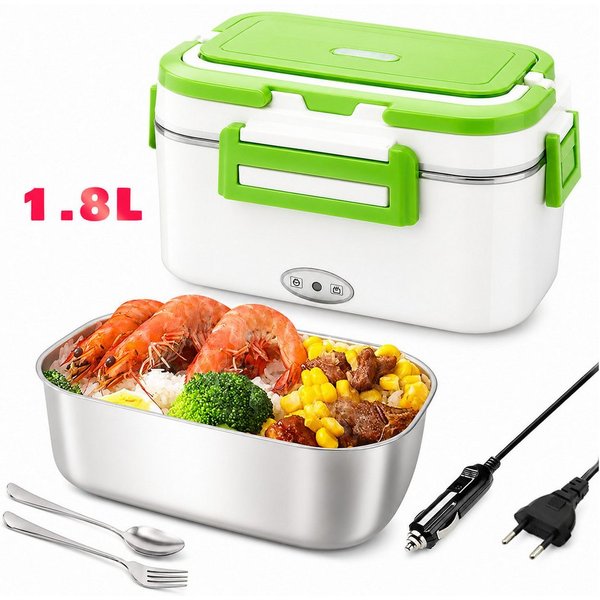 Luckice Elektrische Lunchbox 1,8 L, 80 W, 12 V/24 V/240 V, 304-Edelstahlbehälter,Warmhaltefunktion, (auslaufsicher, Besteckfach, inkl. Löffel, Gabel & 2 Stromka