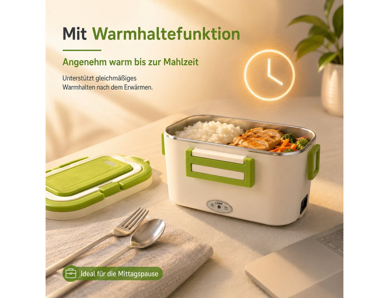 Luckice Elektrische Lunchbox 1,8 L, 80 W, 12 V/24 V/240 V, 304-Edelstahlbehälter,Warmhaltefunktion, (auslaufsicher, Besteckfach, inkl. Löffel, Gabel & 2 Stromka – Bild 2 von 5