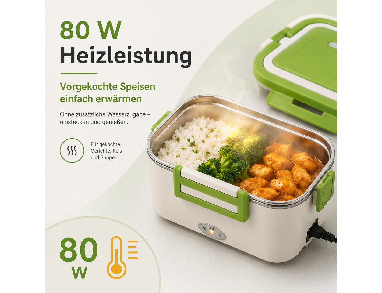 Luckice Elektrische Lunchbox 1,8 L, 80 W, 12 V/24 V/240 V, 304-Edelstahlbehälter,Warmhaltefunktion, (auslaufsicher, Besteckfach, inkl. Löffel, Gabel & 2 Stromka – Bild 3 von 5