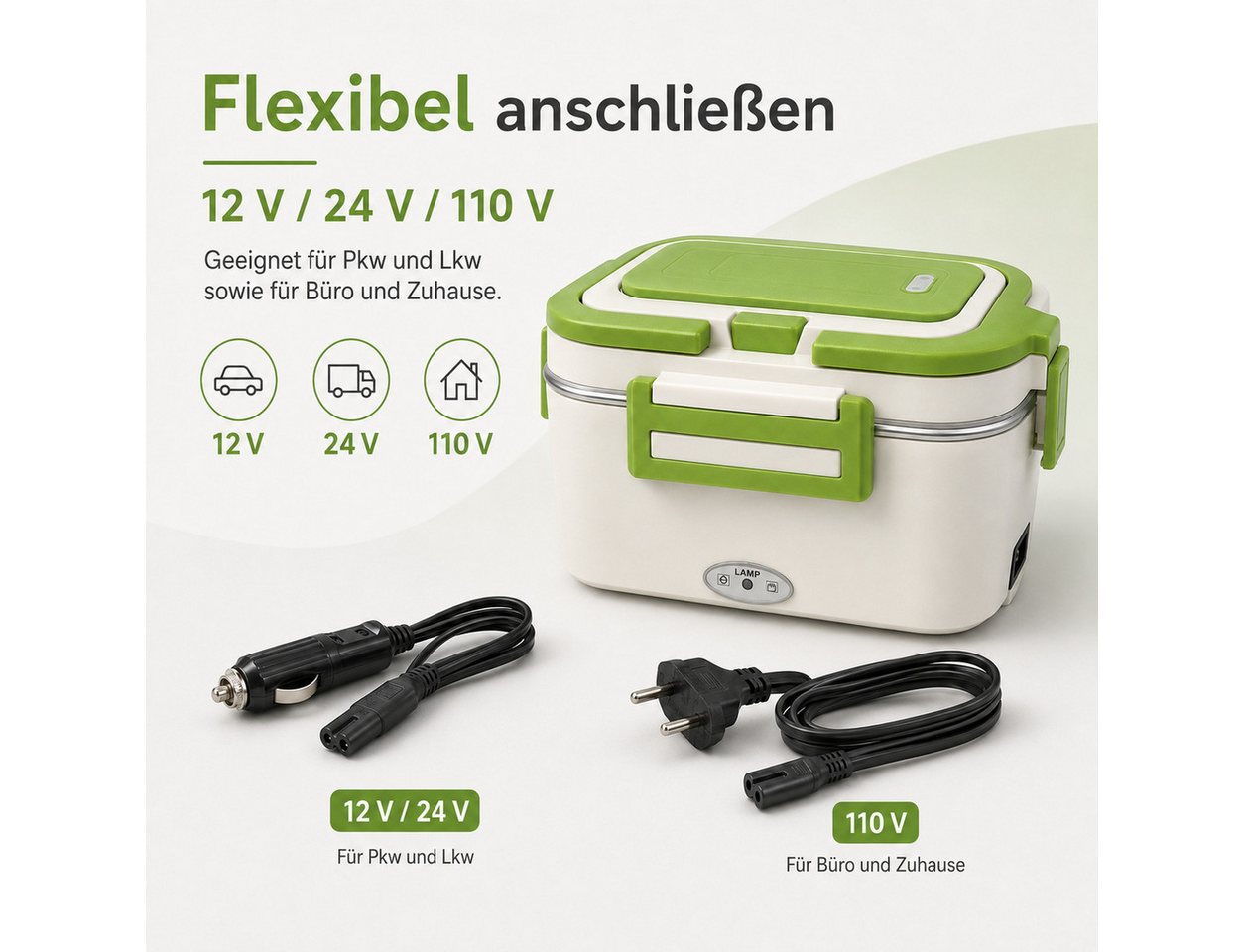 Luckice Elektrische Lunchbox 1,8 L, 80 W, 12 V/24 V/240 V, 304-Edelstahlbehälter,Warmhaltefunktion, (auslaufsicher, Besteckfach, inkl. Löffel, Gabel & 2 Stromka – Bild 4 von 5