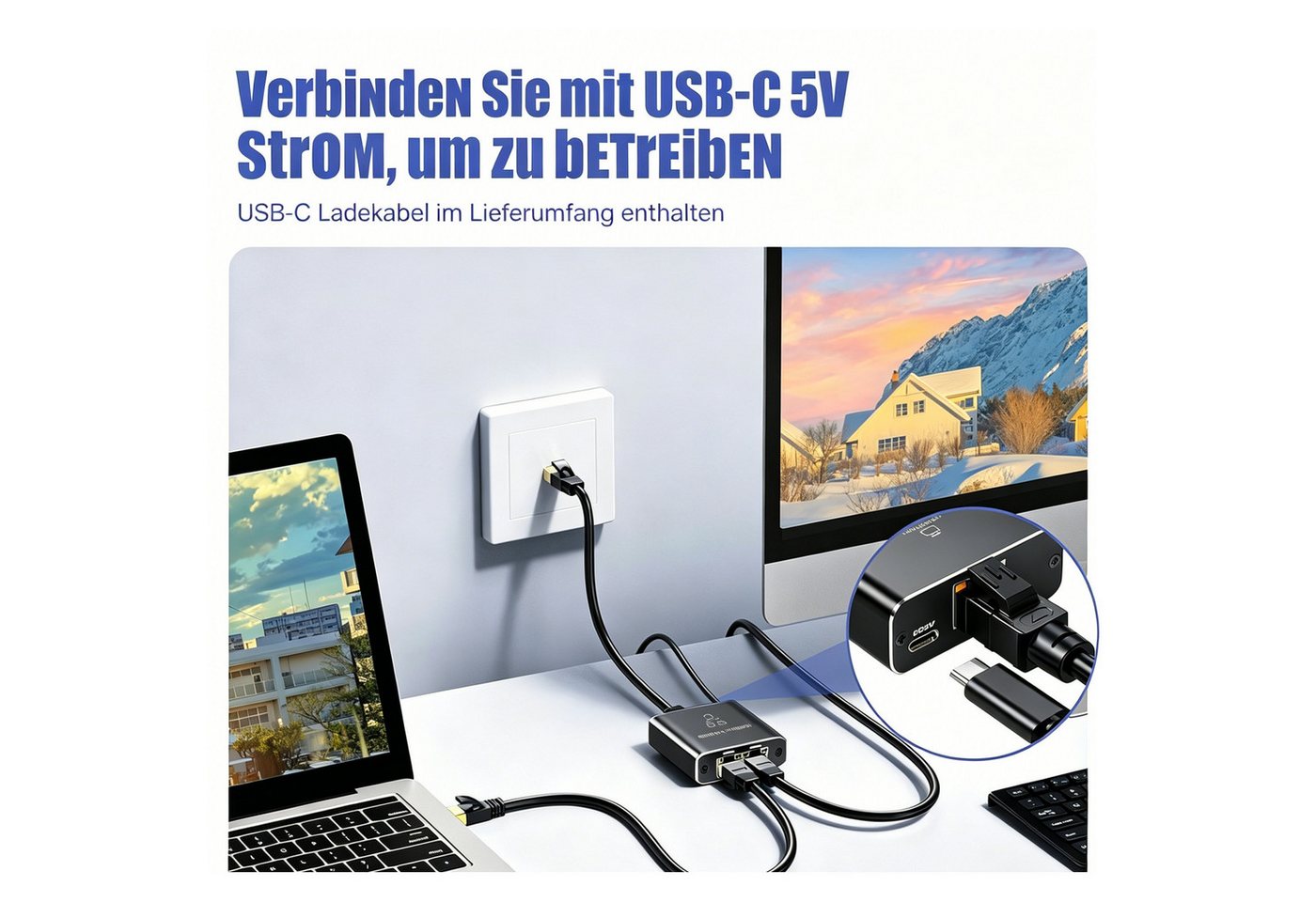 Luckice Ethernet-Splitter 1 zu 2 1000 Mbit/s, RJ45 mit Type-C-Netzkabel Netzwerk-Switch (Für Computerhub, Router, Set-Top-Box, Digitalfernseher) – Bild 2 von 5