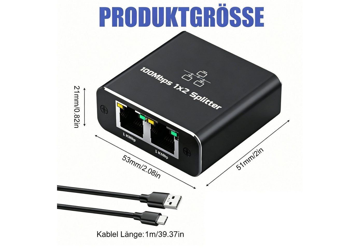 Luckice Ethernet-Splitter 1 zu 2 1000 Mbit/s, RJ45 mit Type-C-Netzkabel Netzwerk-Switch (Für Computerhub, Router, Set-Top-Box, Digitalfernseher) – Bild 5 von 5