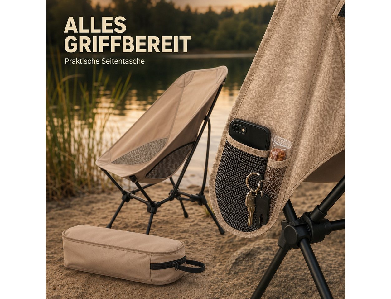 Luckice Klappstuhl Faltstuhl, ultraleichte tragbare Campingstühle, 120 kg (Set), Angelstuhl mit Seitentaschen, für Picknick, Outdoor – Bild 2 von 5