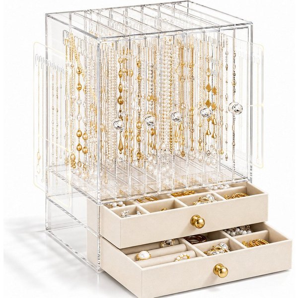 Luckice Make-Up Organizer Großer Schmuckkasten mit Glasfenster für Damen, Set, Transparentes Material, Praktisches aufgeteiltes Innenlayout
