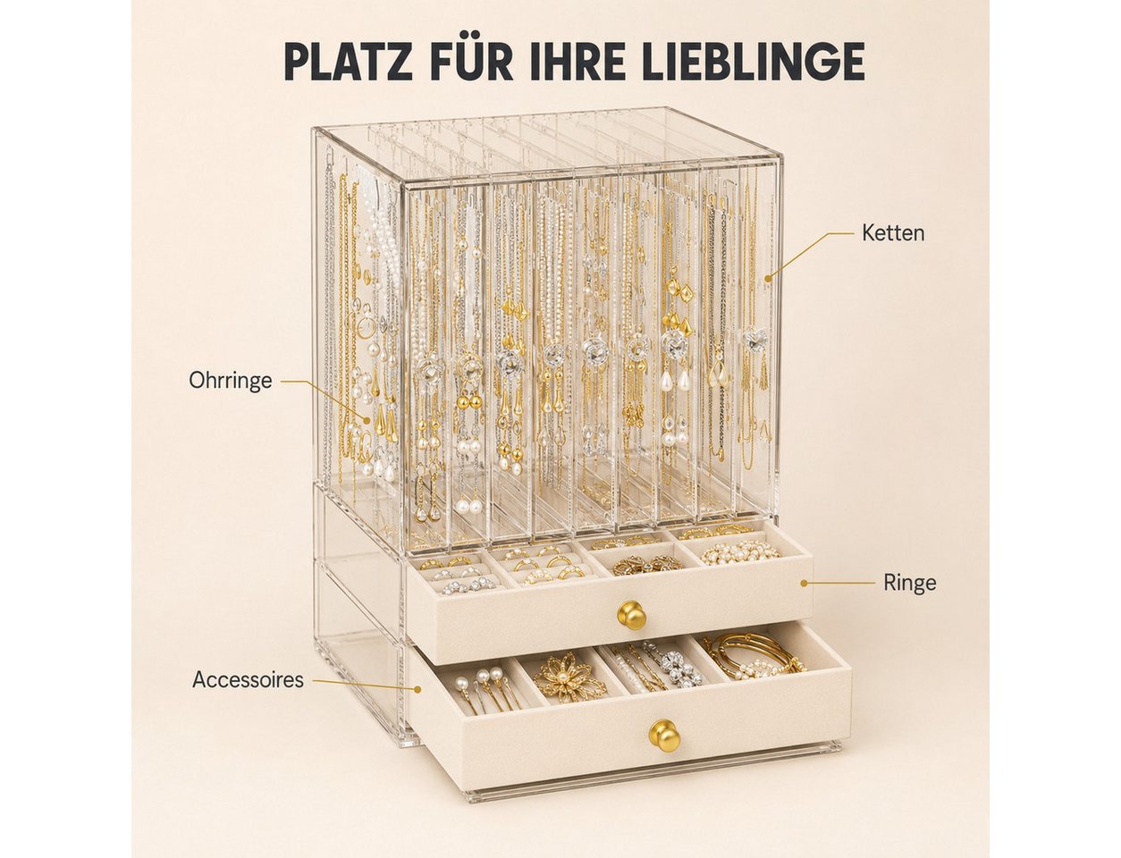 Luckice Make-Up Organizer Großer Schmuckkasten mit Glasfenster für Damen, Set, Transparentes Material, Praktisches aufgeteiltes Innenlayout – Bild 2 von 5
