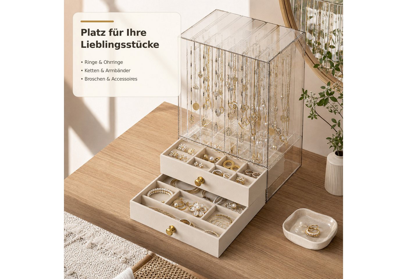 Luckice Make-Up Organizer Großer Schmuckkasten mit Glasfenster für Damen, Set, Transparentes Material, Praktisches aufgeteiltes Innenlayout – Bild 3 von 5