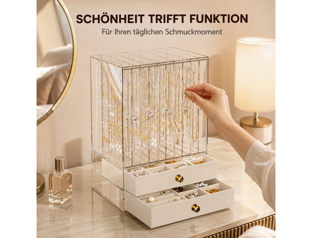 Luckice Make-Up Organizer Großer Schmuckkasten mit Glasfenster für Damen, Set, Transparentes Material, Praktisches aufgeteiltes Innenlayout – Bild 4 von 5
