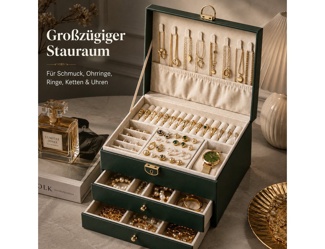 Luckice Schmuckkasten Schmuckschatulle Schmuckorganizer Schmuckaufbewahrung (Schmuckkästchen mit Fächern Reissschmuckbox Ausgestattet mit einem Privatsphäre-Sch – Bild 2 von 5