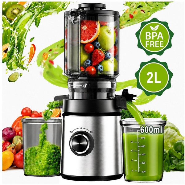 Luckice Slow Juicer Entsafter mit 140-mm-Einfüllöffnung,hoher Saftausbeute,REV-Funktion, 400 W, BPA-frei, spülmaschinengeeignet, inkl. 2 Behältern