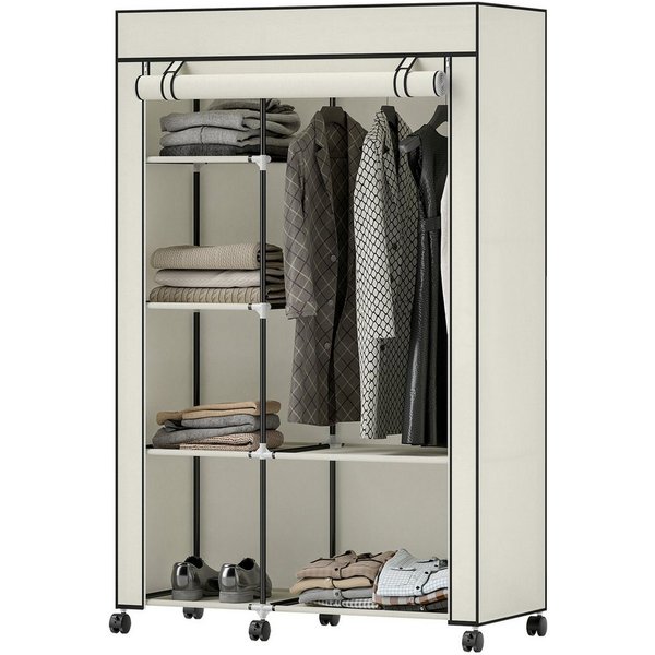 Luckice Stoffschrank Stoffschrank, Aufbewahrungslösung mit 6 Regalen & 1 Kleiderstange (103x43x162,5 cm, Creme, mit Rollen)
