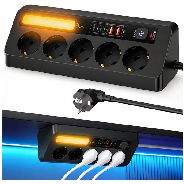 Luckice Tischsteckdosenleiste mit 5 Steckdosen,Eck-Steckdosenleiste Mehrfachsteckdose 9-fach (Ein-/Ausschalter, USB-Anschlüsse, 4 USB-Ports (PD 35 W & 20 W), LE