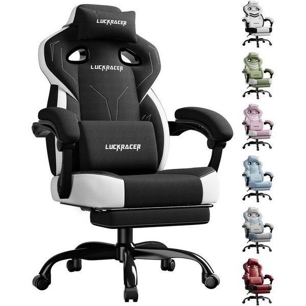 LUCKRACER Gaming-Stuhl Stoff/Kunstleder, Bürostuhl mit verbundenen Armlehnen, Memory-Schaum, 90–155° Neigungswinkel und Fußstütze