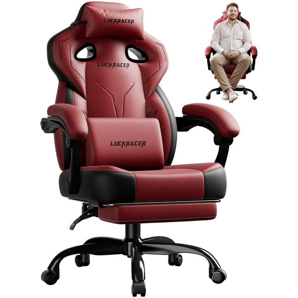 LUCKRACER Gaming-Stuhl Stoff/Kunstleder, Bürostuhl mit verbundenen Armlehnen, Memory-Schaum, 90–155° Neigungswinkel und Fußstütze