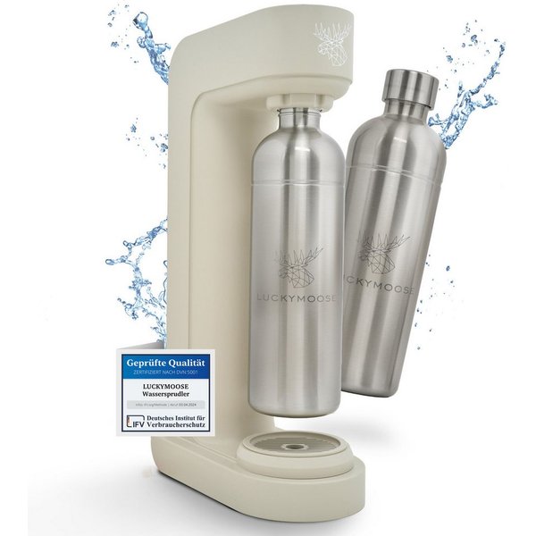 Luckymoose Wassersprudler Infinity mit 2x 1,25L spülmaschinenfesten Edelstahlflaschen, (2x Silber-tlg), Spart bis zu 25% CO2, Flaschen spülmaschinenfest & ohne 