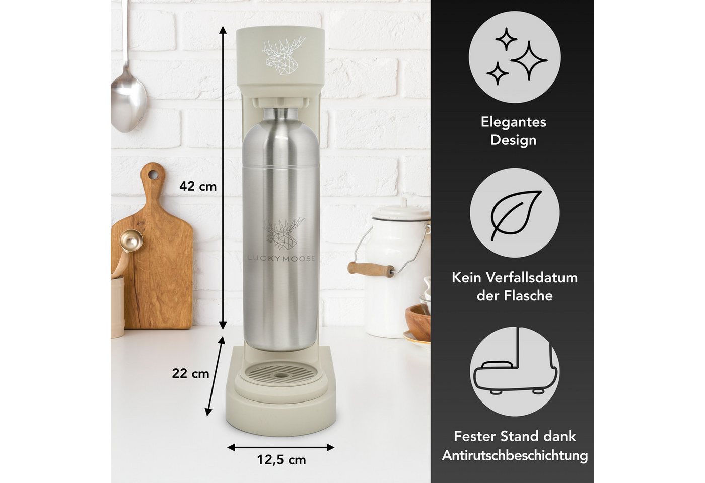 Luckymoose Wassersprudler Infinity mit 2x 1,25L spülmaschinenfesten Edelstahlflaschen, (2x Silber-tlg), Spart bis zu 25% CO2, Flaschen spülmaschinenfest & ohne  – Bild 2 von 5