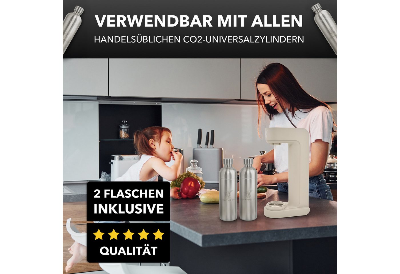 Luckymoose Wassersprudler Infinity mit 2x 1,25L spülmaschinenfesten Edelstahlflaschen, (2x Silber-tlg), Spart bis zu 25% CO2, Flaschen spülmaschinenfest & ohne  – Bild 4 von 5