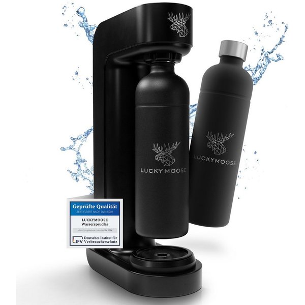 Luckymoose Wassersprudler Infinity mit 2x 1,25L spülmaschinenfesten Edelstahlflaschen, (2x Schwarz-tlg), Spart bis zu 25% CO2, Flaschen spülmaschinenfest & ohne
