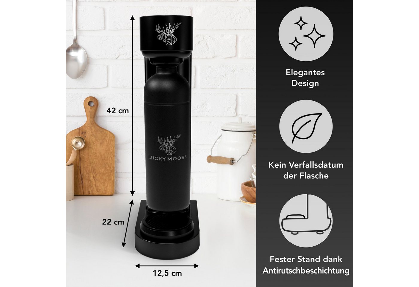 Luckymoose Wassersprudler Infinity mit 2x 1,25L spülmaschinenfesten Edelstahlflaschen, (2x Schwarz-tlg), Spart bis zu 25% CO2, Flaschen spülmaschinenfest & ohne – Bild 2 von 5