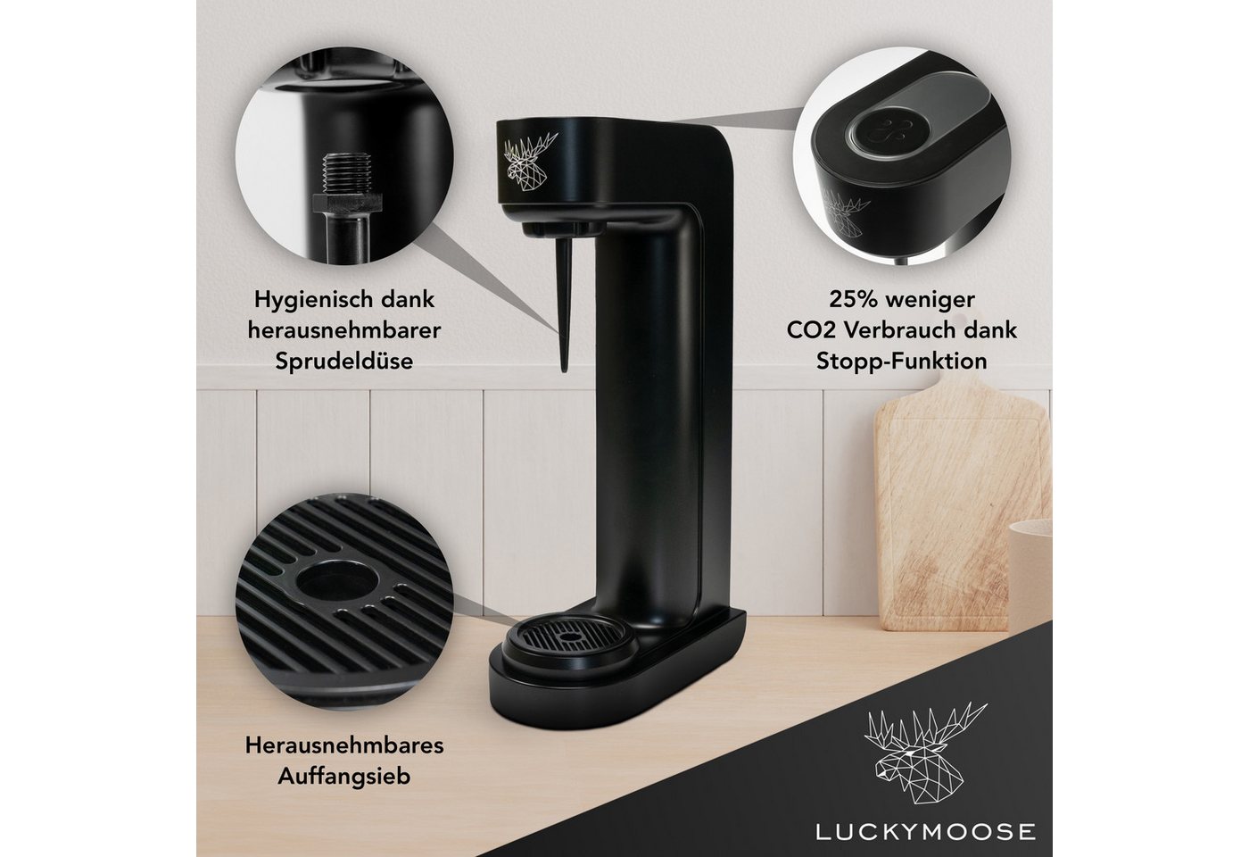 Luckymoose Wassersprudler Infinity mit 2x 1,25L spülmaschinenfesten Edelstahlflaschen, (2x Schwarz-tlg), Spart bis zu 25% CO2, Flaschen spülmaschinenfest & ohne – Bild 3 von 5