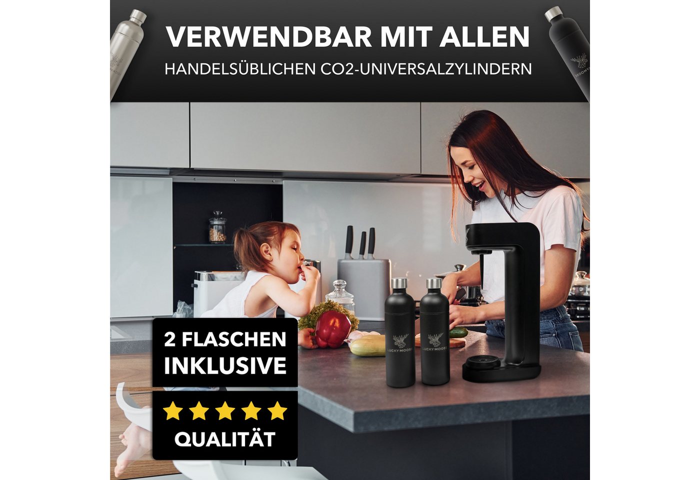 Luckymoose Wassersprudler Infinity mit 2x 1,25L spülmaschinenfesten Edelstahlflaschen, (2x Schwarz-tlg), Spart bis zu 25% CO2, Flaschen spülmaschinenfest & ohne – Bild 4 von 5