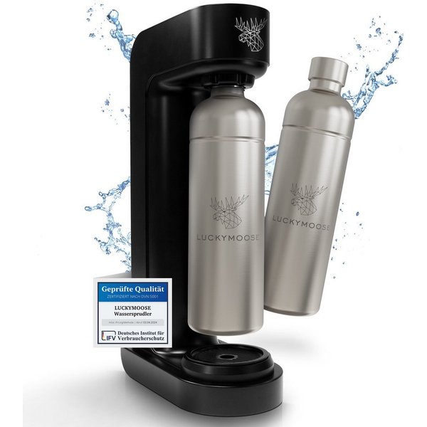 Luckymoose Wassersprudler Infinity mit 2x 1,25L spülmaschinenfesten Edelstahlflaschen, (2x Silber-tlg), Spart bis zu 25% CO2, Flaschen spülmaschinenfest & ohne 
