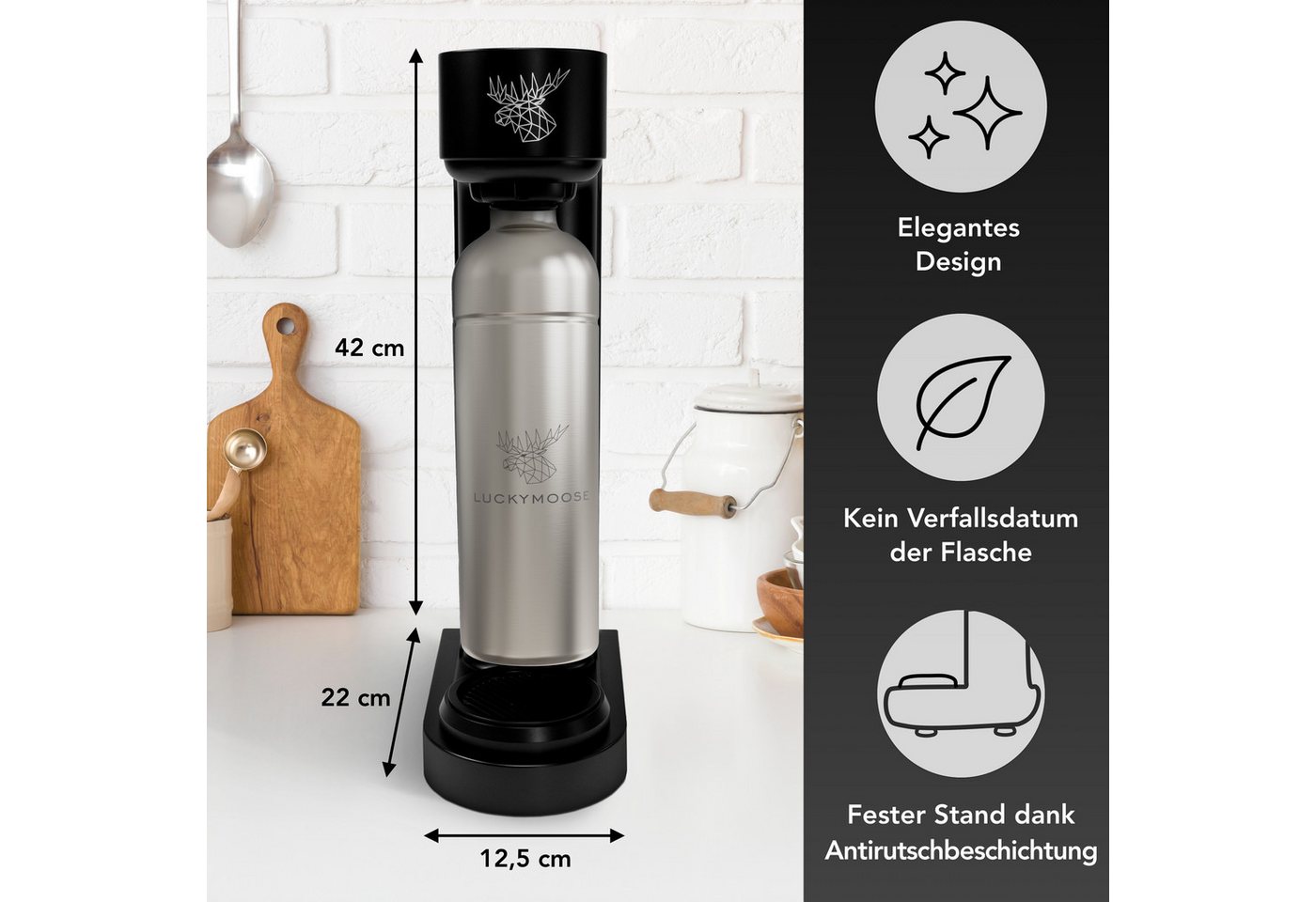 Luckymoose Wassersprudler Infinity mit 2x 1,25L spülmaschinenfesten Edelstahlflaschen, (2x Silber-tlg), Spart bis zu 25% CO2, Flaschen spülmaschinenfest & ohne  – Bild 2 von 5