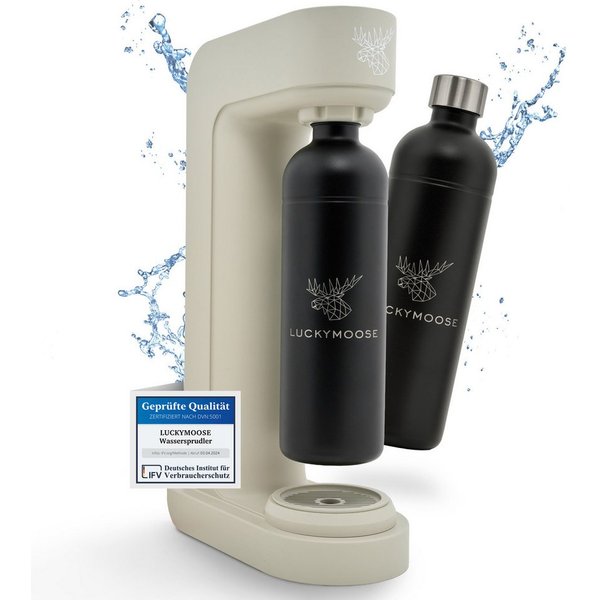 Luckymoose Wassersprudler Infinity mit 2x 1,25L spülmaschinenfesten Edelstahlflaschen, (2x Schwarz-tlg), Spart bis zu 25% CO2, Flaschen spülmaschinenfest & ohne
