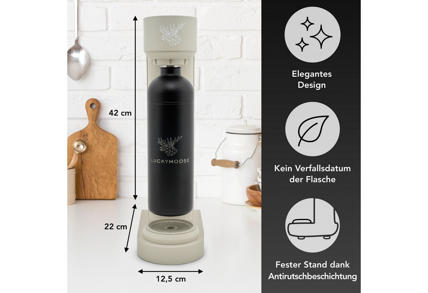 Luckymoose Wassersprudler Infinity mit 2x 1,25L spülmaschinenfesten Edelstahlflaschen, (2x Schwarz-tlg), Spart bis zu 25% CO2, Flaschen spülmaschinenfest & ohne – Bild 2 von 5