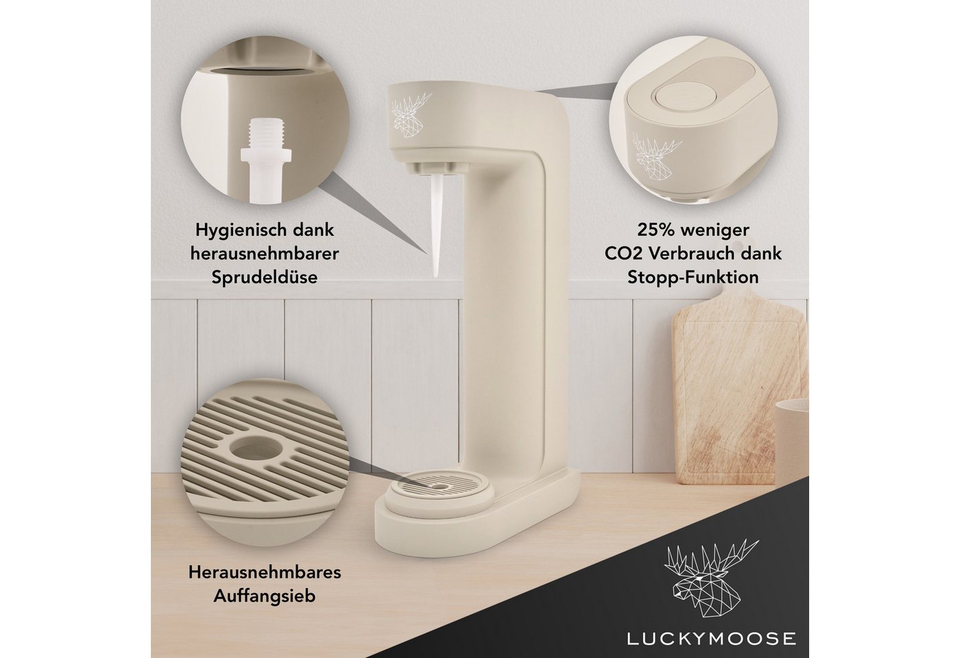 Luckymoose Wassersprudler Infinity mit 2x 1,25L spülmaschinenfesten Edelstahlflaschen, (2x Schwarz-tlg), Spart bis zu 25% CO2, Flaschen spülmaschinenfest & ohne – Bild 3 von 5