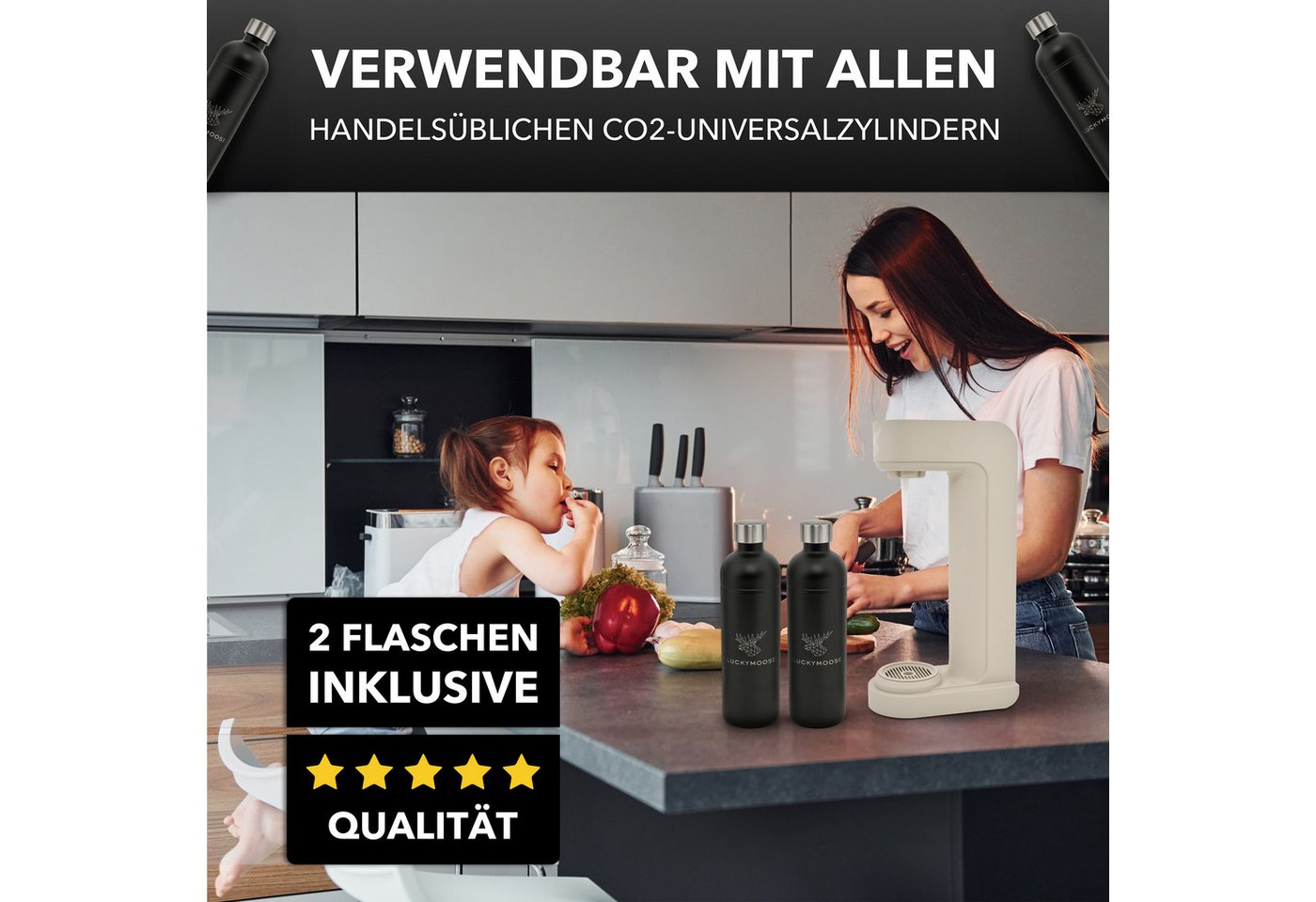 Luckymoose Wassersprudler Infinity mit 2x 1,25L spülmaschinenfesten Edelstahlflaschen, (2x Schwarz-tlg), Spart bis zu 25% CO2, Flaschen spülmaschinenfest & ohne – Bild 4 von 5