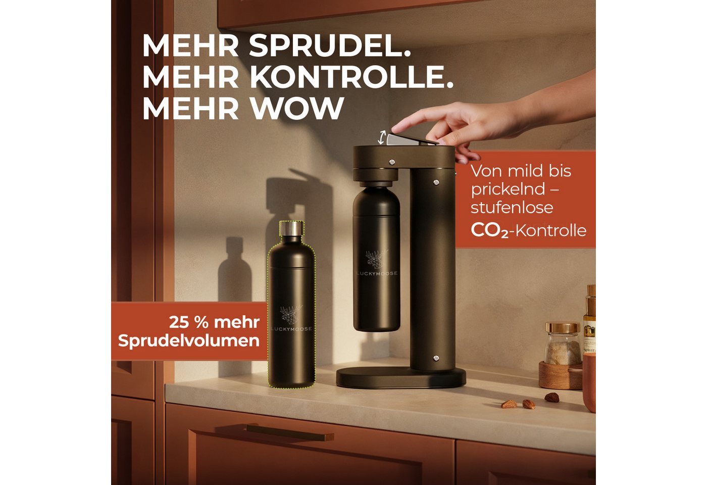 Luckymoose Wassersprudler Infinity-S mit 2x 1,25L langlebige Edelstahlflaschen, (2xSchwarz-tlg), Spart bis zu 25% CO2, Flaschen spülmaschinenfest & ohne Ablaufd – Bild 3 von 5